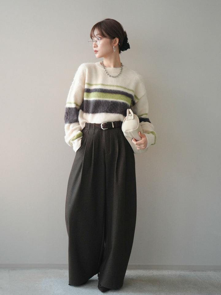 [予約]アニマル柄ベルト付きウールタッチワイドパンツ/brown