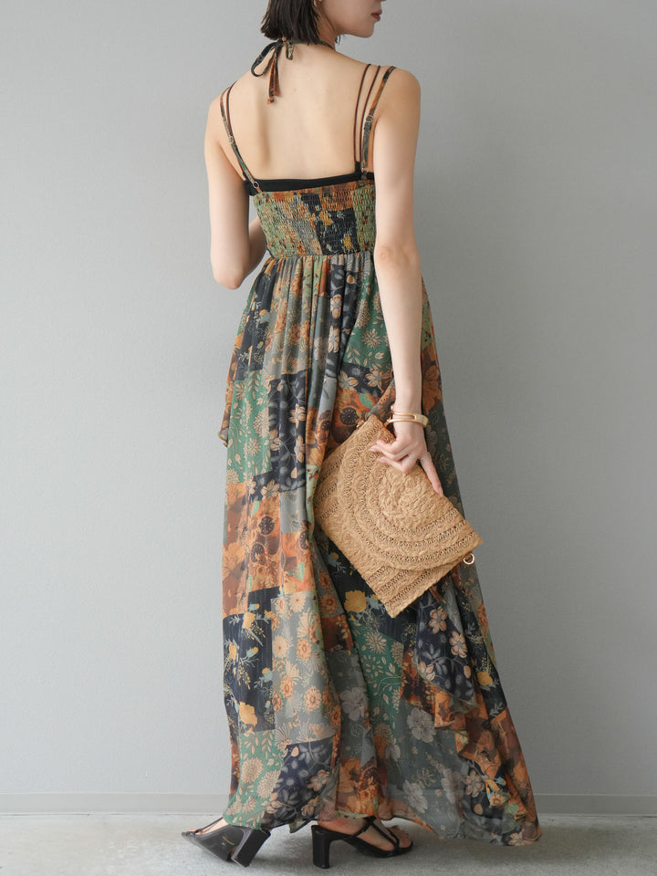 [預購] 拼布荷葉邊吊帶洋裝/混色