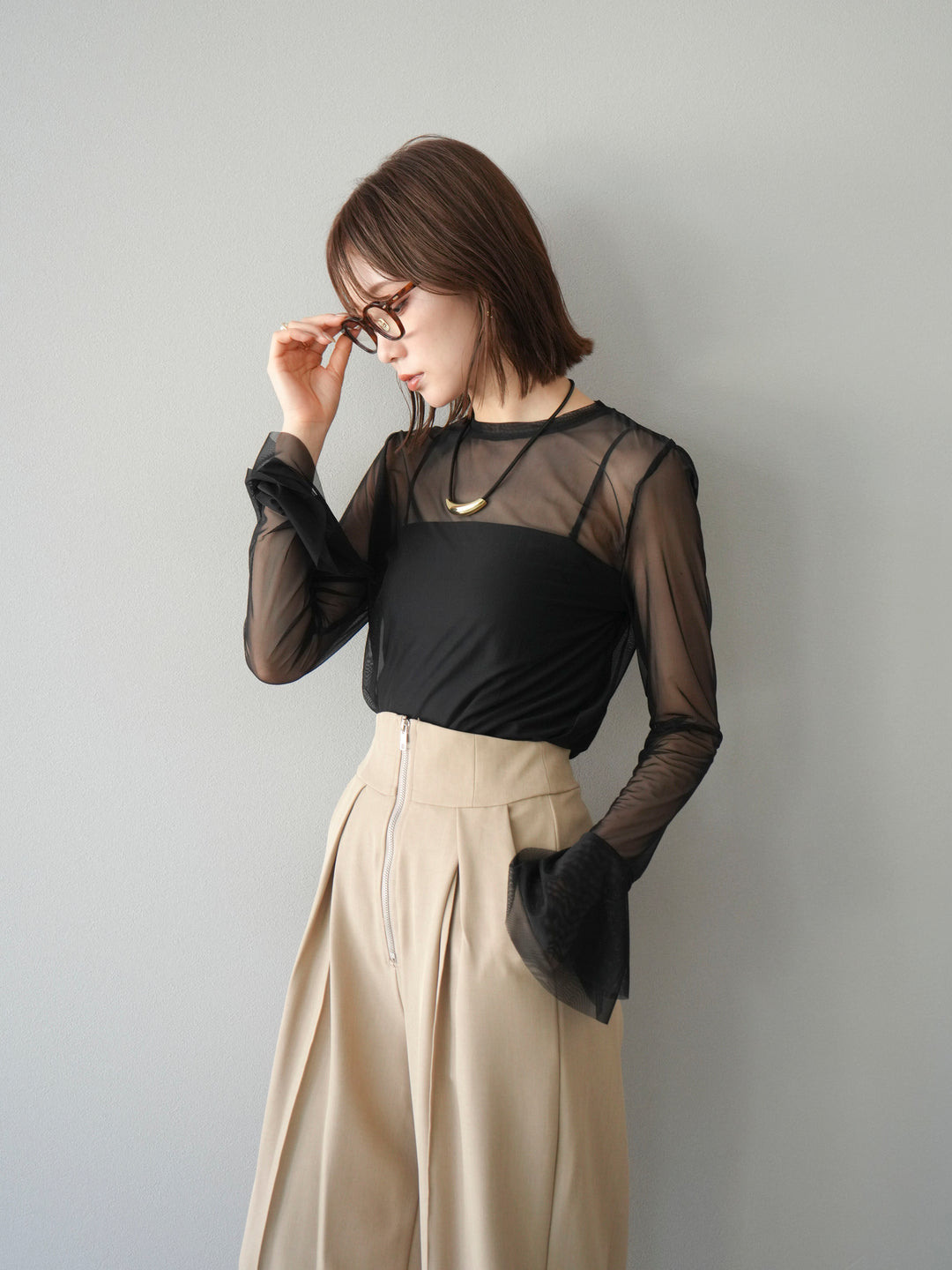 [予約]フレアロングスリーブパワーメッシュトップス/ブラック