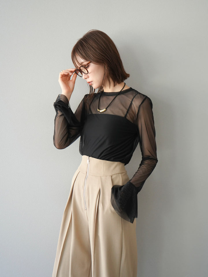 [予約]フレアロングスリーブパワーメッシュトップス/ブラック