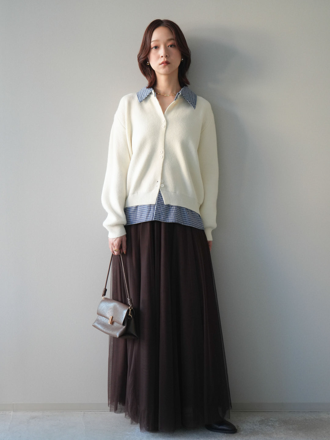[SET]チェックシャツ襟ニットカーディガン+チュールボリュームスカート(2set)