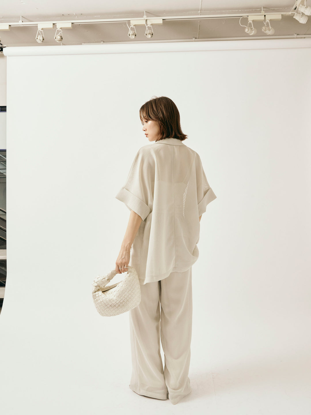 [予約]メッシュタックワイドパンツ/オフグレー