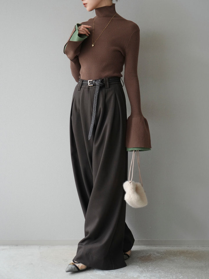 [SET] 疊層喇叭袖高領針織上衣 + 雙褶寬褲 (2 套)