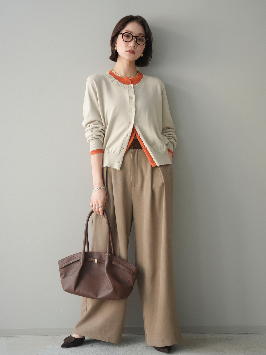 [予約]サテンベルトタックワイドパンツ/beige