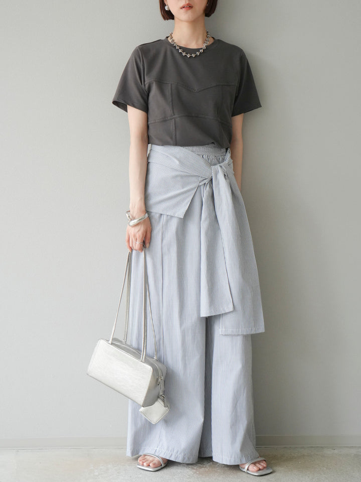 [SET]ビスチェデザインTシャツ+ウエスト巻きストライプイージーパンツ(2set)