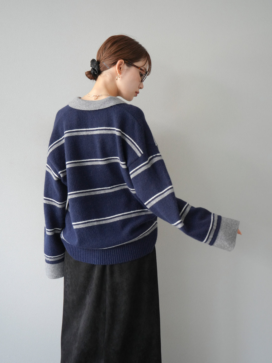 [予約]ポロ襟スキッパーボーダーニットプルオーバー/ネイビー