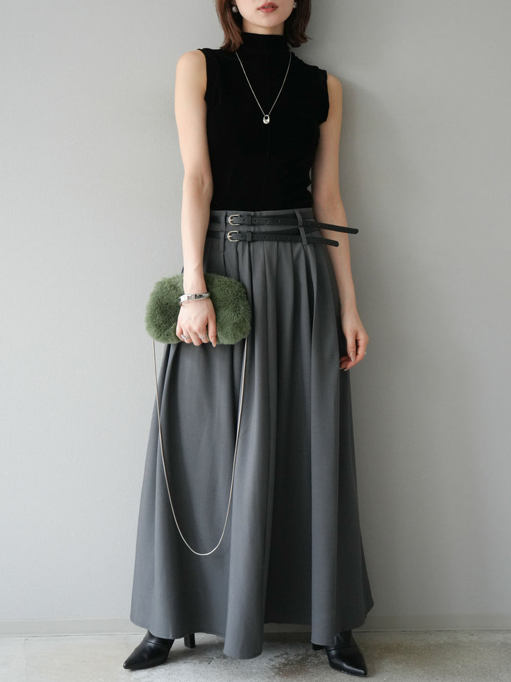 [SET]シアーベロアプチネックノースリーブトップス+エステルプリーツスリットスカート(2set)