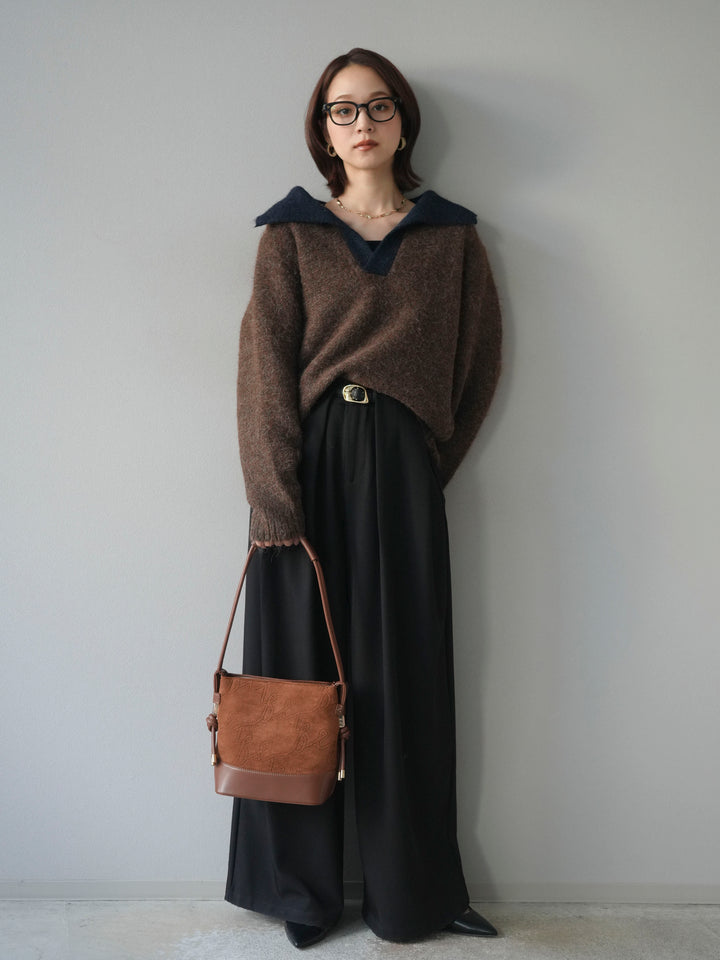 [SET]バイカラー襟付きニットプルオーバー+ベルトループデザインワイドパンツ(2set)