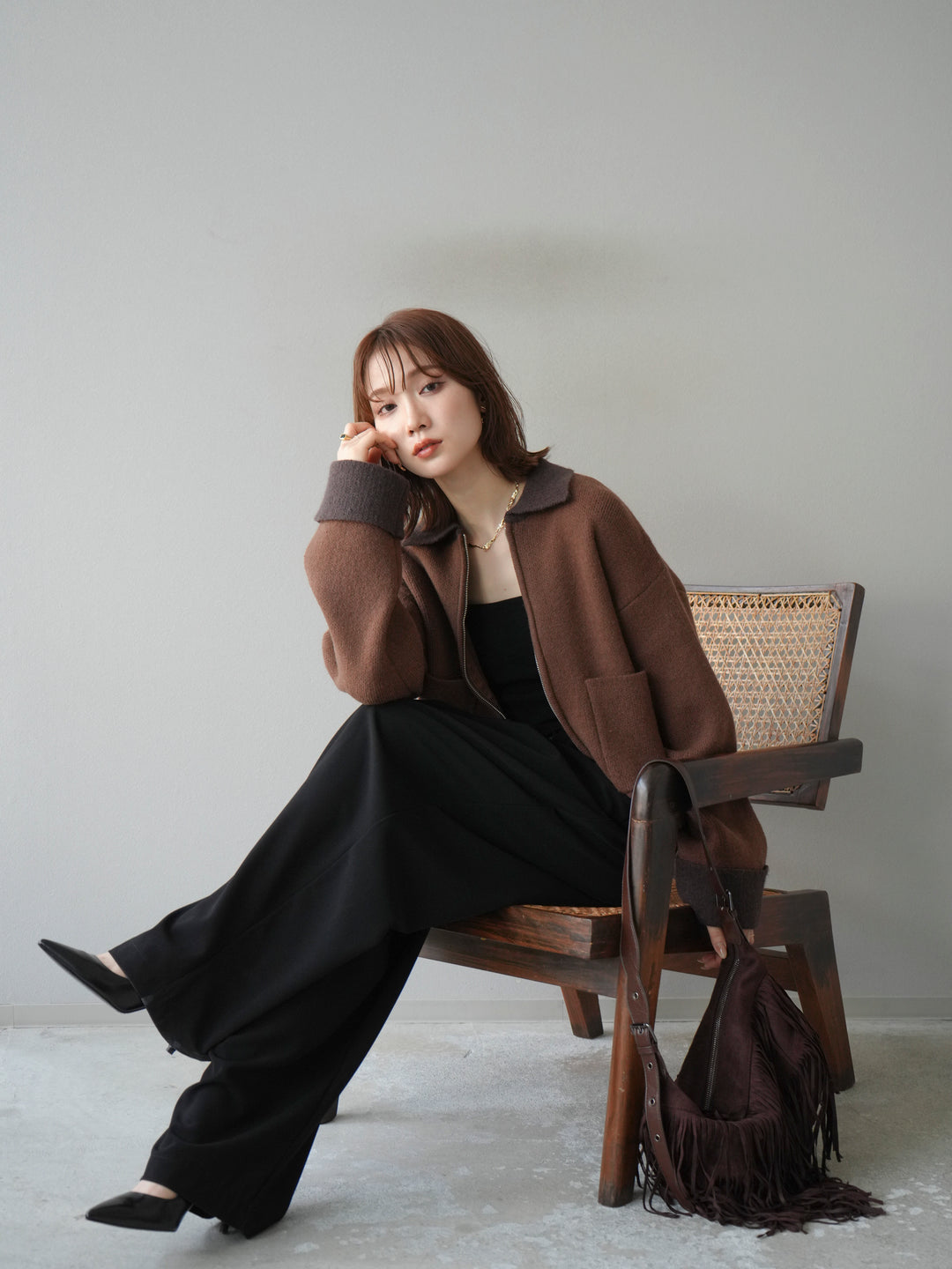 [予約]ポロ襟ジップニットカーディガン/キャメル