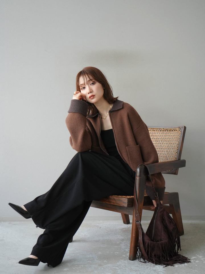 [予約]ポロ襟ジップニットカーディガン/キャメル