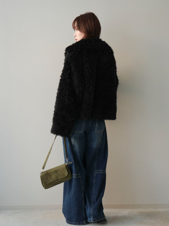 【套裝】短款人造毛領罩衫+薄紗蕾絲上衣+羊毛襯裡牛仔修身褲（三件套）