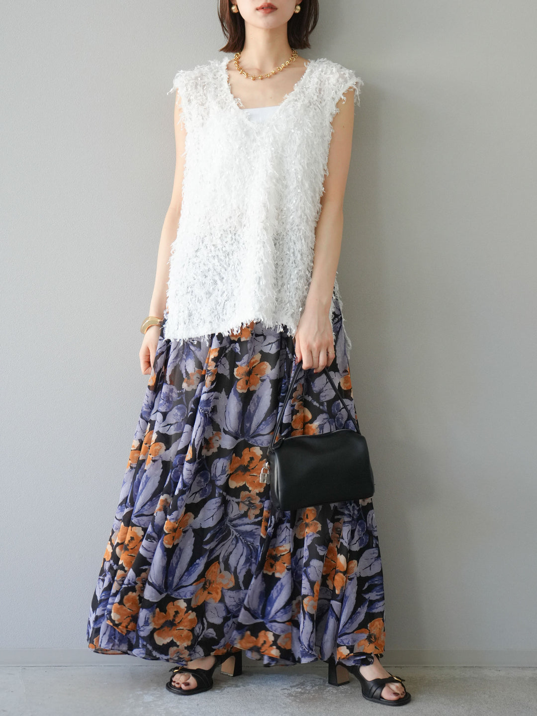 [予約]フラワープリントボリュームフレアスカート/ブラック