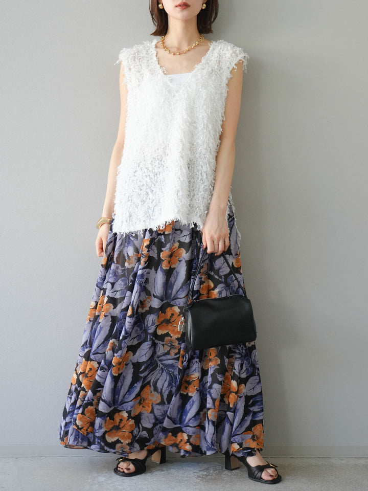 [予約]フラワープリントボリュームフレアスカート/ブラック