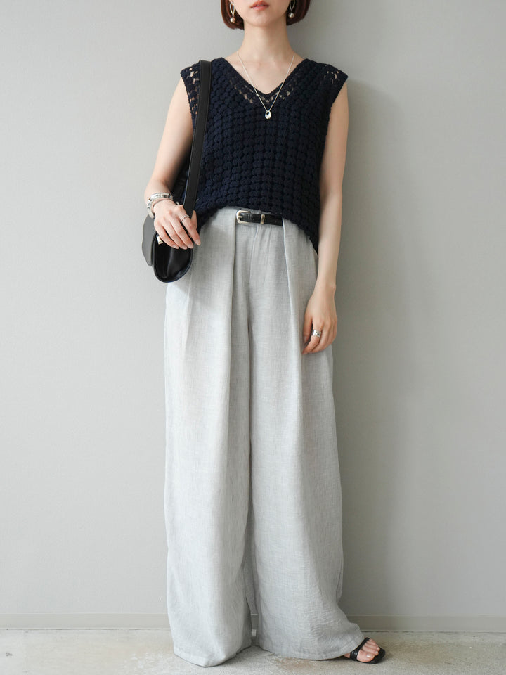 [予約]リネンライクベルト付タックループワイドパンツ/ライトグレー