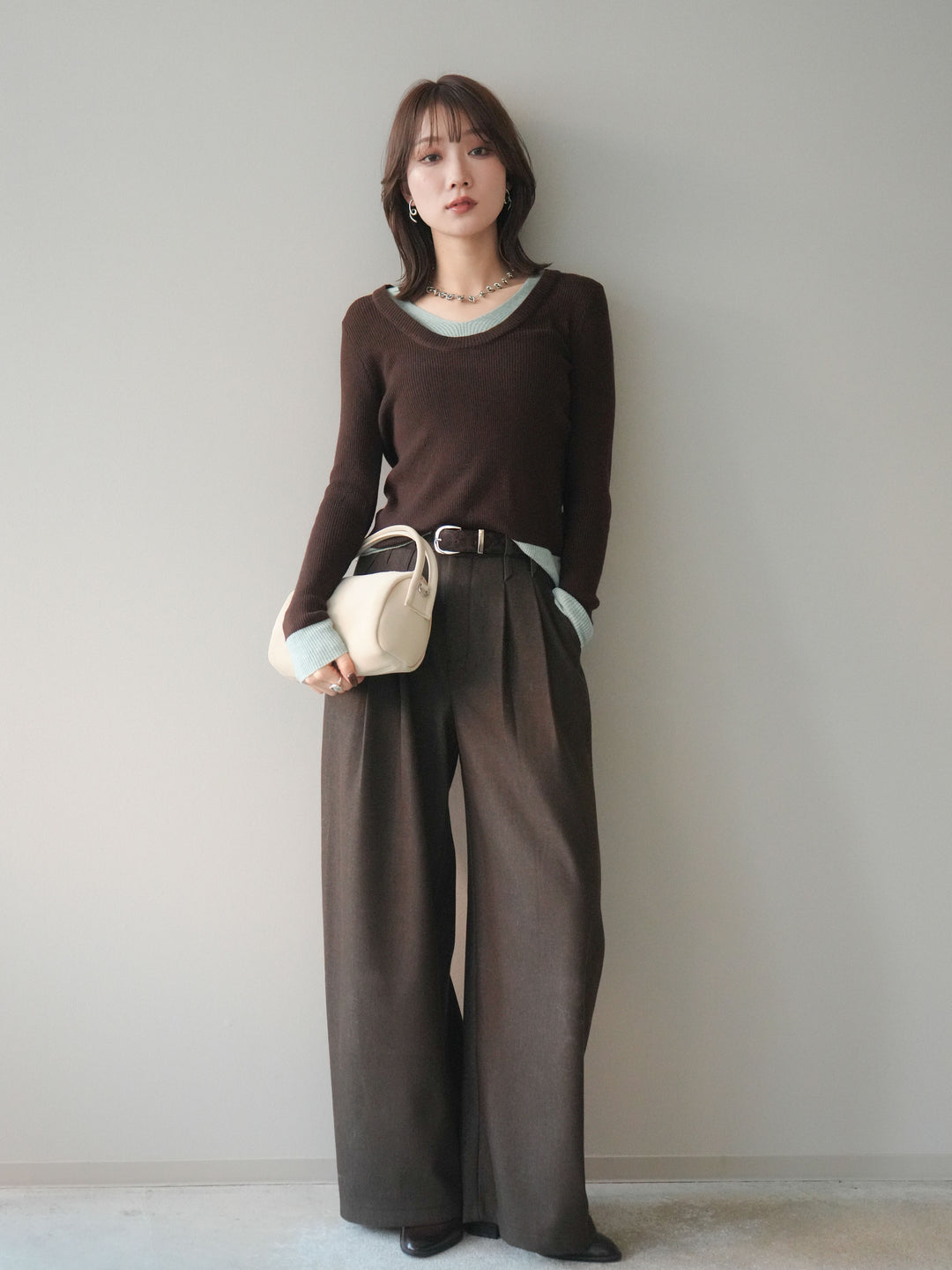 [予約]Uネック配色レイヤードリブニットトップス/brown