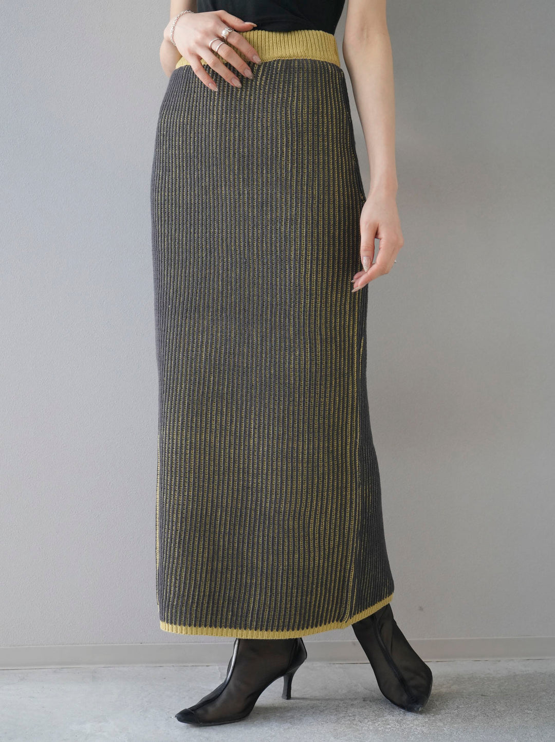 【預訂】配色條紋羅紋針織裙/黃色