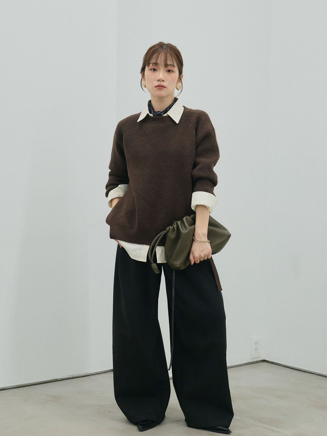 [予約]サイドスリット畦編みニットプルオーバーシャツアンサンブル/brown