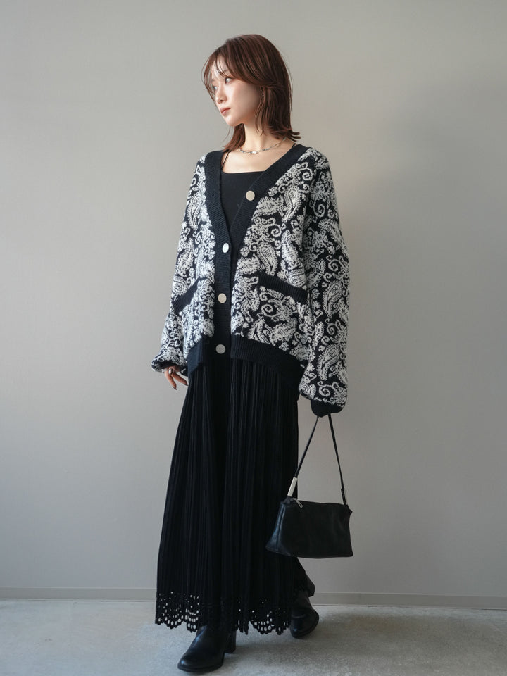 [SET]ペイズリー柄ニットカーディガン+パンチングデザインスエードプリーツスカート(2set)