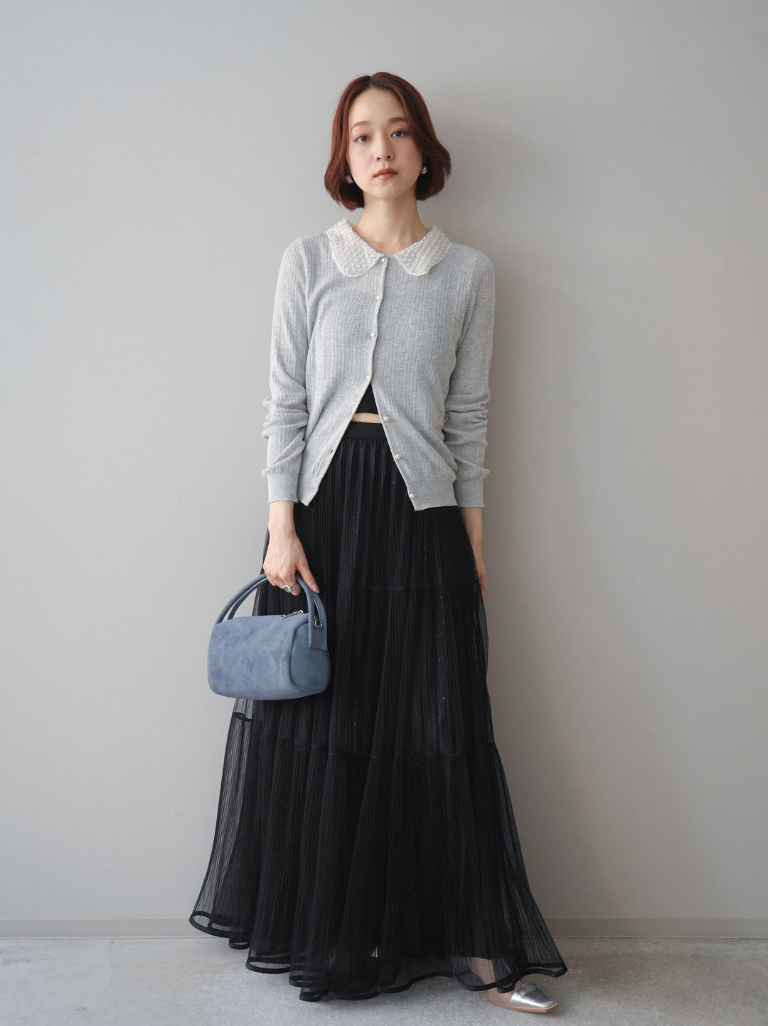 [予約]ラメプリーツレイヤードチュールロングスカート/black