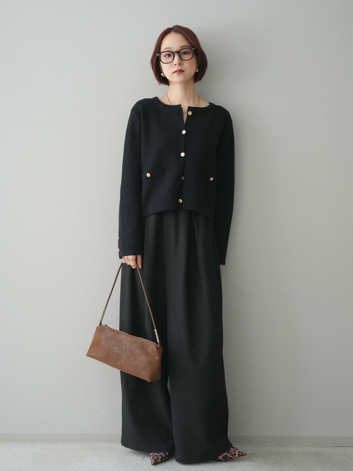 [SET]ゴールドボタンノーカラーニットジャケット+サテンベルトタックワイドパンツ(2set)
