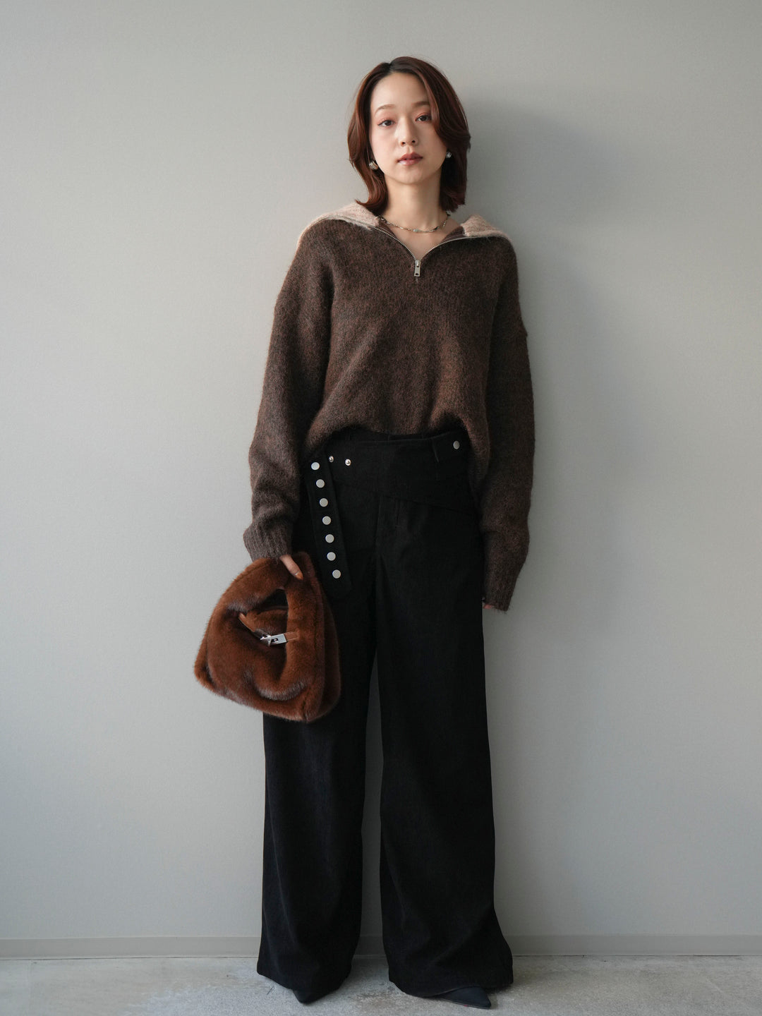 [予約]バイカラージップニットプルオーバー/brown