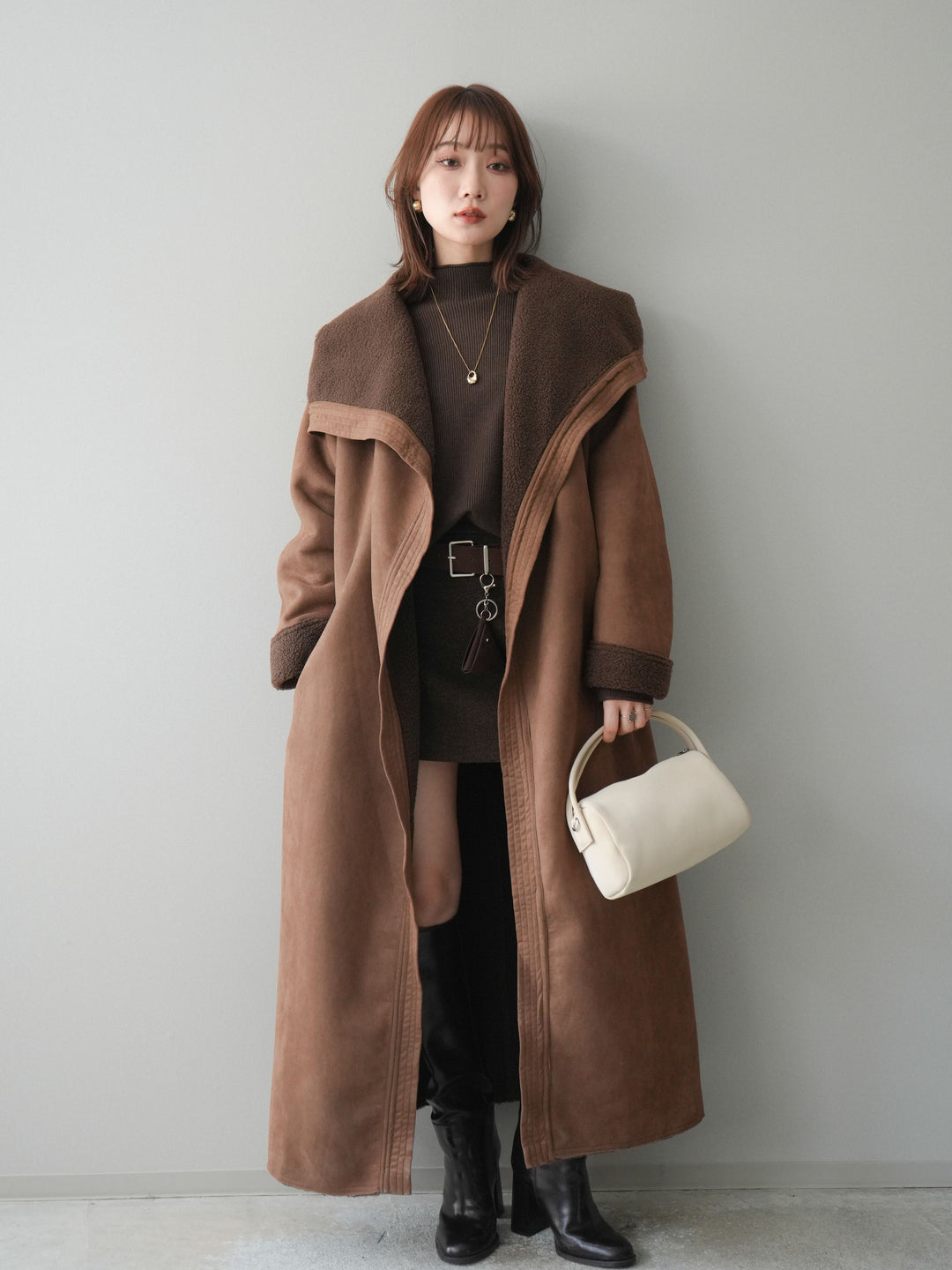 [予約]ウールタッチベルト付ミニスカート/brown