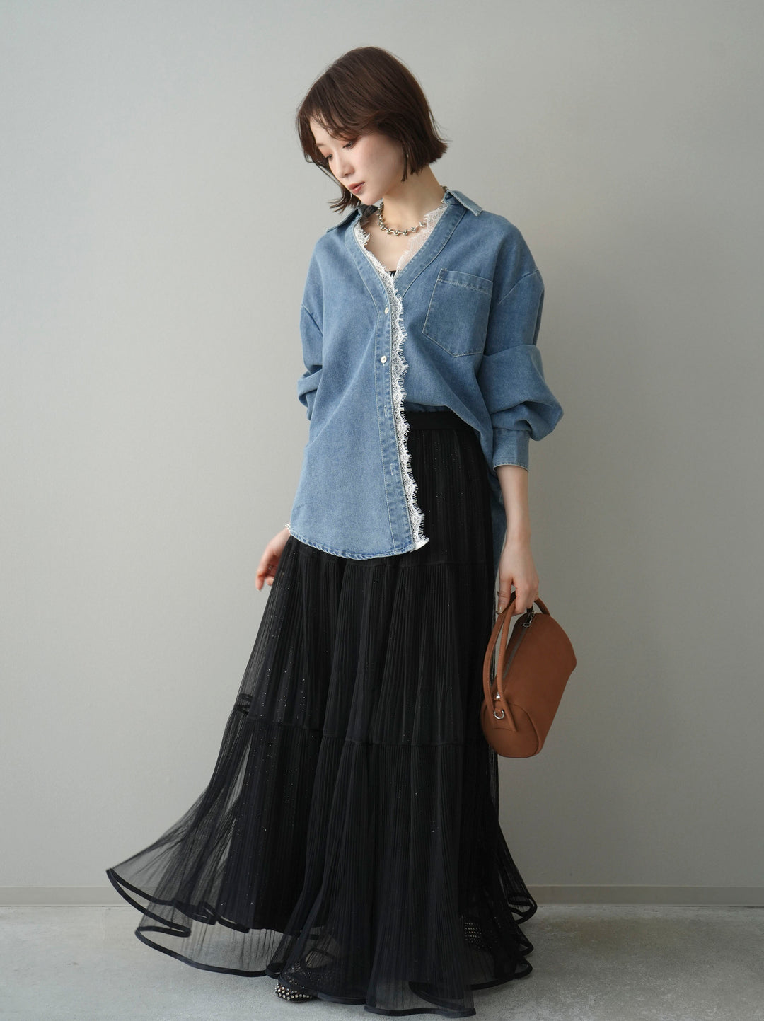 [SET]レースレイヤードデニム開襟シャツ+ラメプリーツレイヤードチュールロングスカート(2set)