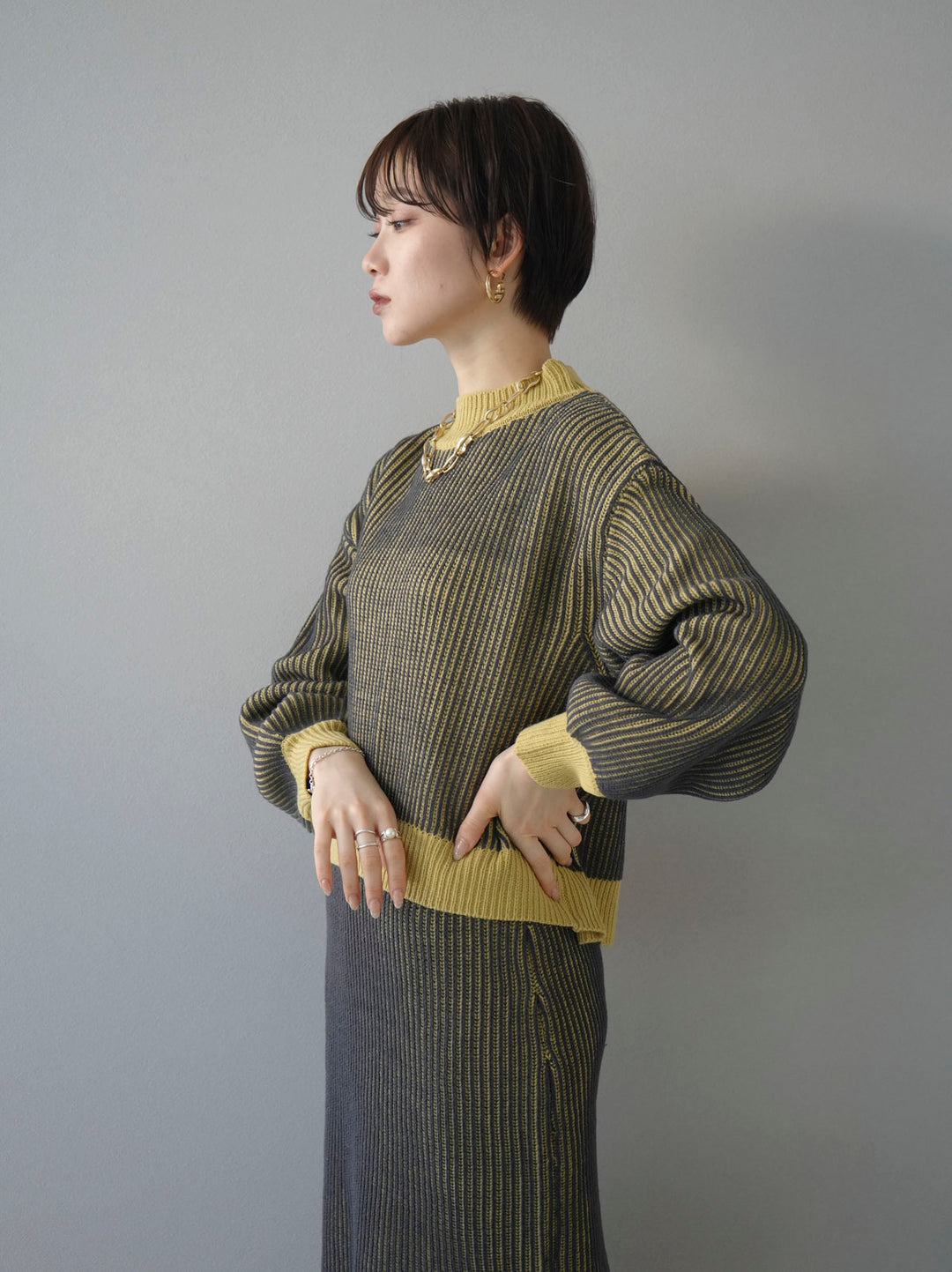 [Pre-order] Color-coordinated striped ribbed knit pullover/yellow