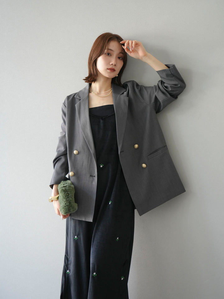 [予約]フラワー刺繍ベロアキャミワンピース/ブラック