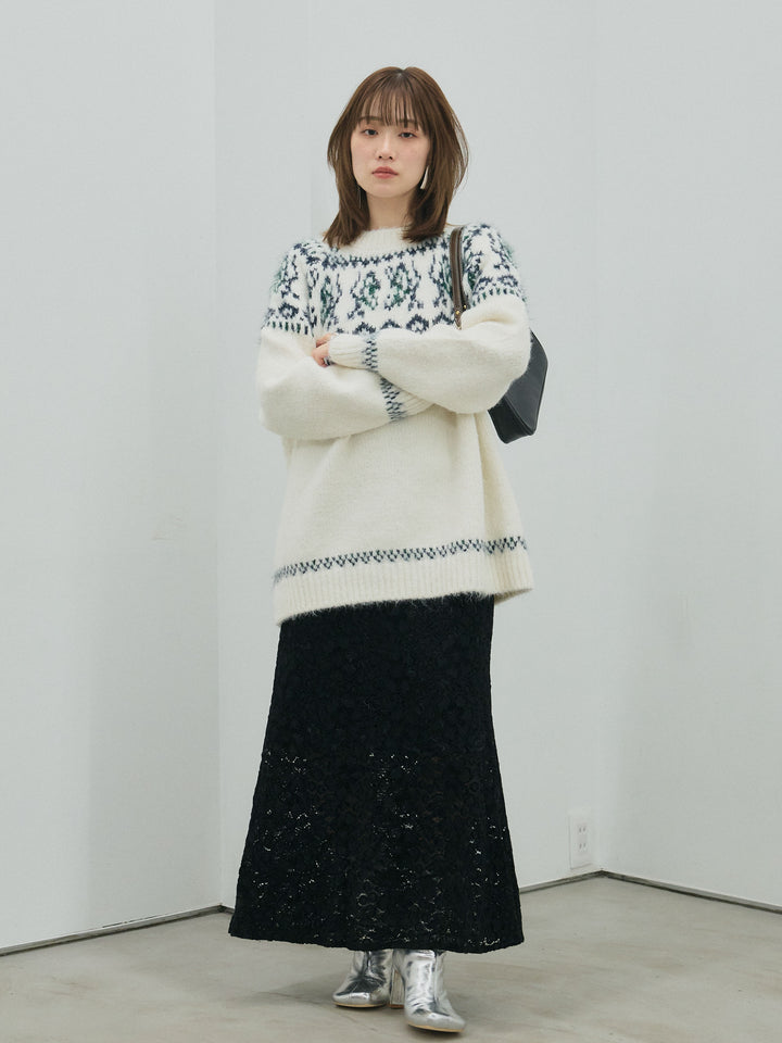 【Allure】[SET]ノルディック柄モックネックオーバニットプルオーバー+起毛レースストレッチナロースカート(2set)