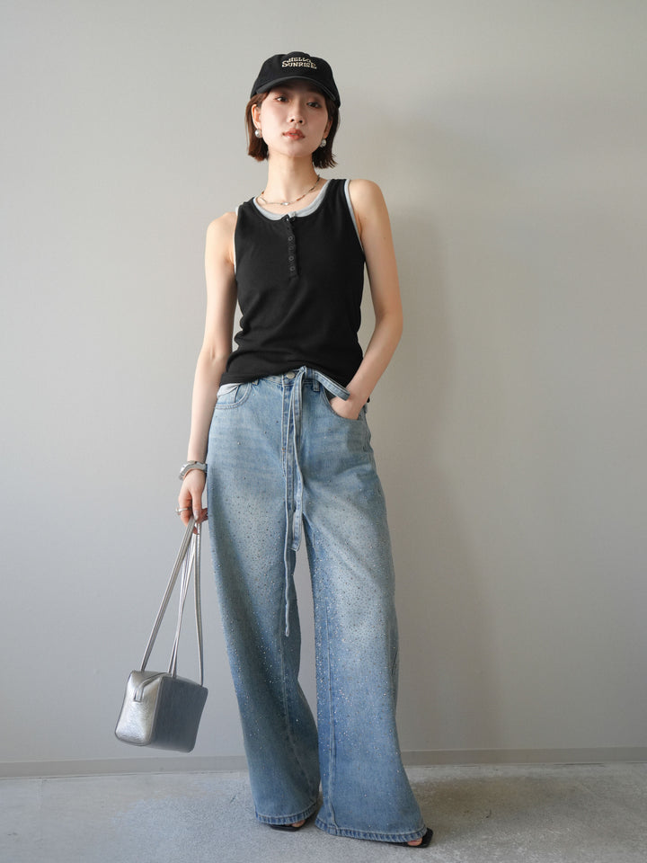 [SET]配色リブヘンリータンクトップ+ウエストベルトビジューワイドデニムパンツ(2set)