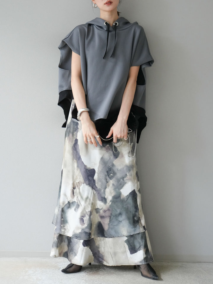 [SET]アシンメトリードルマンバックZIPフーディー+ニュアンスサテンフリルスカート(2set)