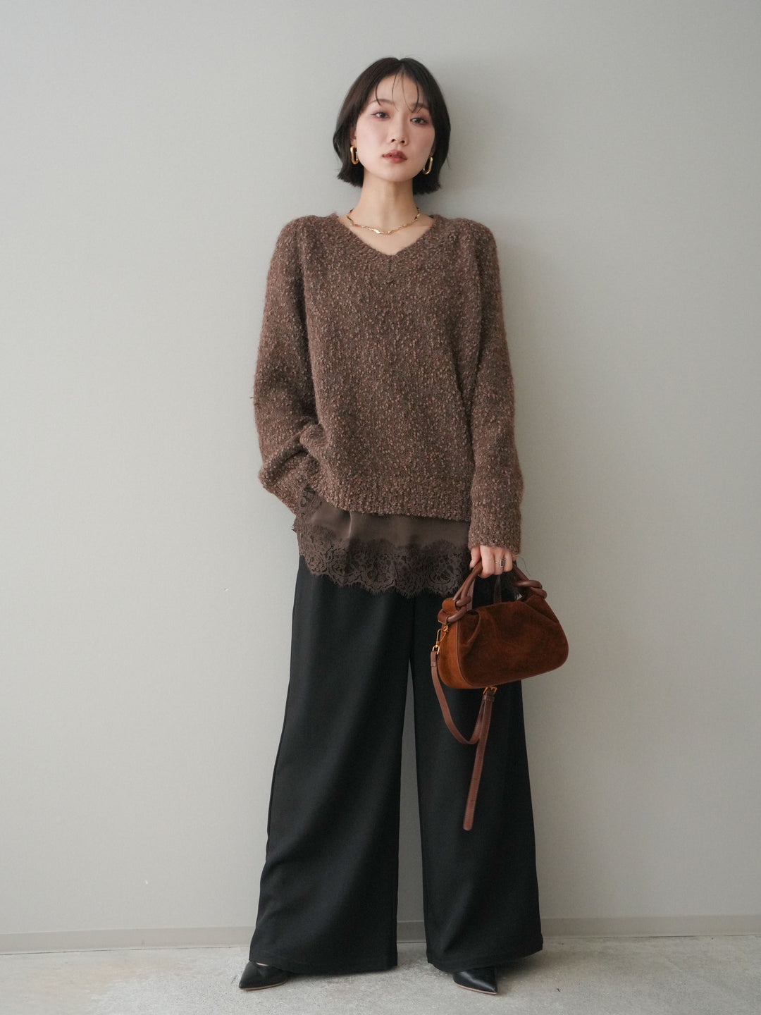 [SET]Vネックスラブニットプルオーバー+選べるアクセセット(2set)