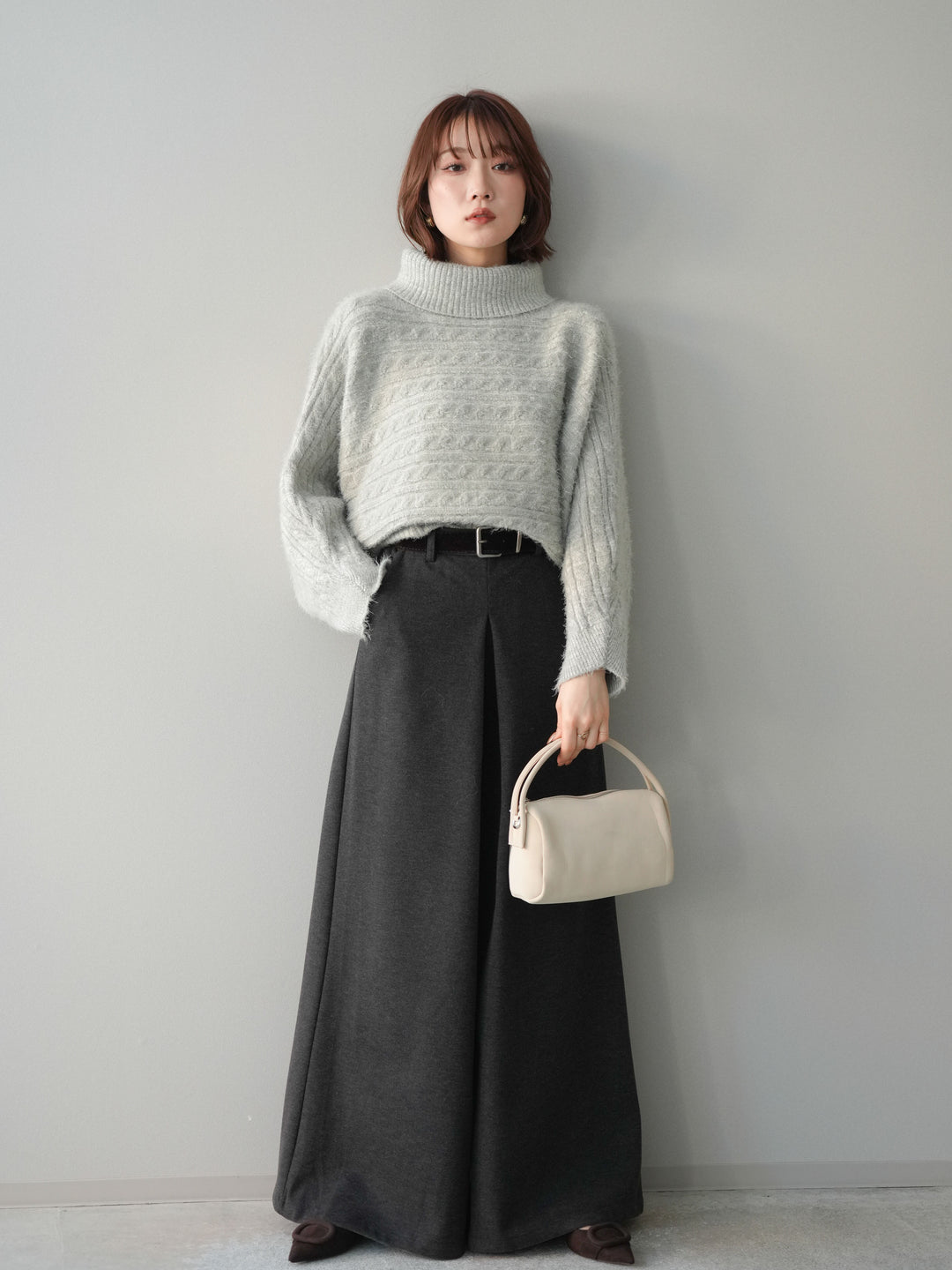 [予約]オフタートルケーブル編みニットプルオーバー/gray