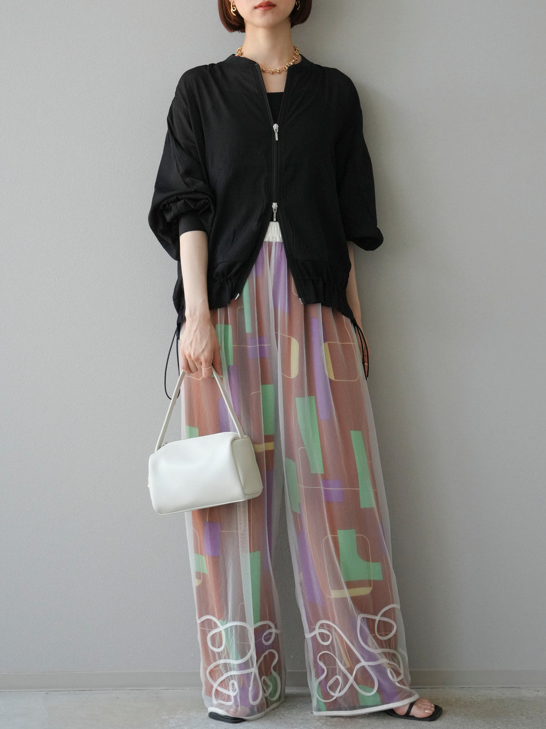 [予約]レーヨンフレックススラブレトロ柄ストレートパンツ/ブラウン