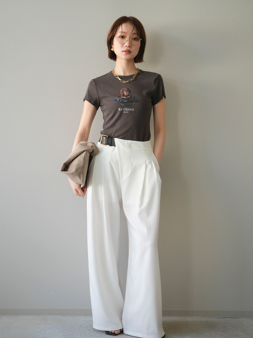 【套裝】狗狗緊身T卹+不對稱皮帶束口寬褲（兩件套）