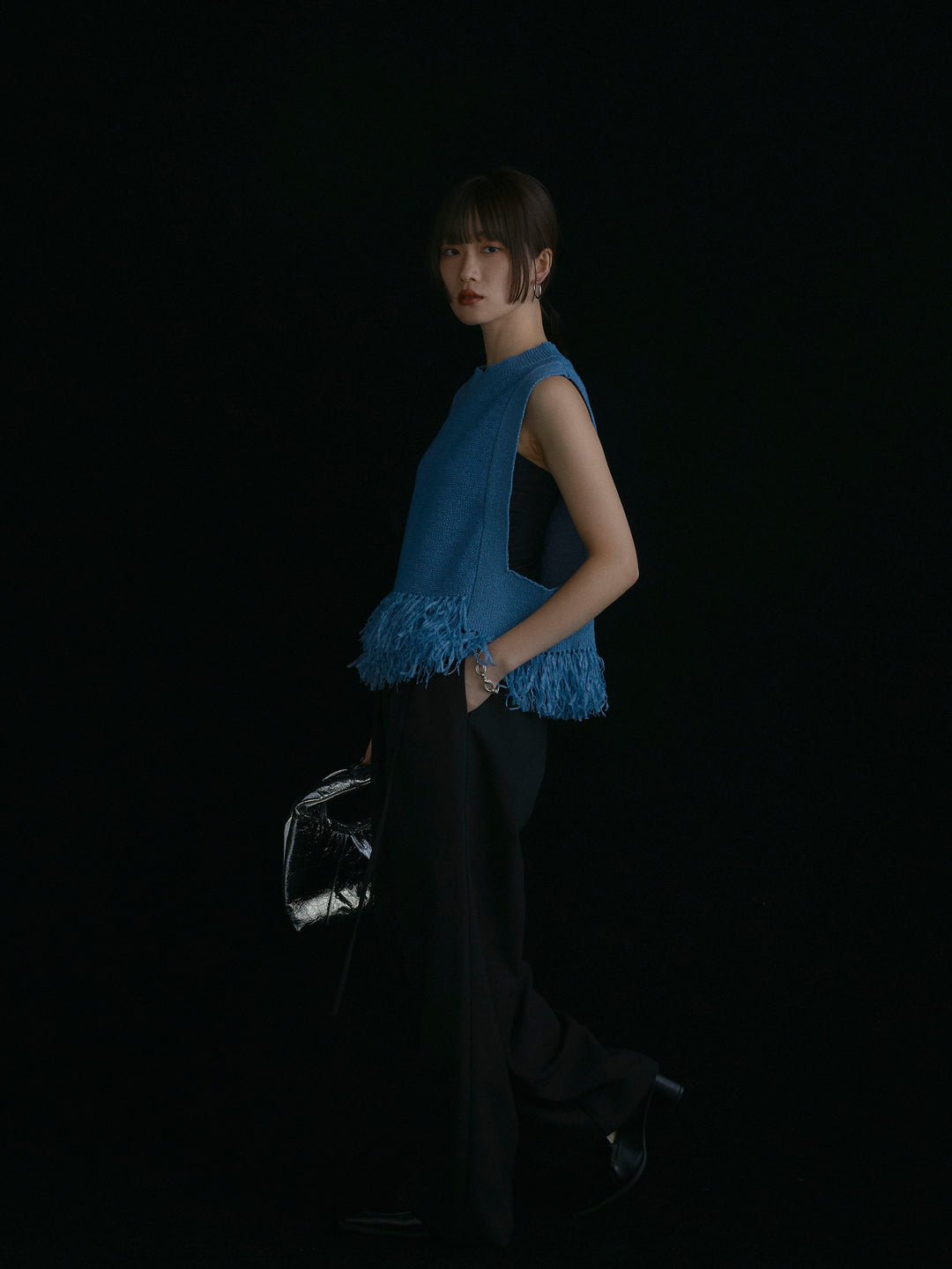 【Allure】[SET]フェザーヤーンニットベスト+ラップデザインタックワイドパンツ(2set)