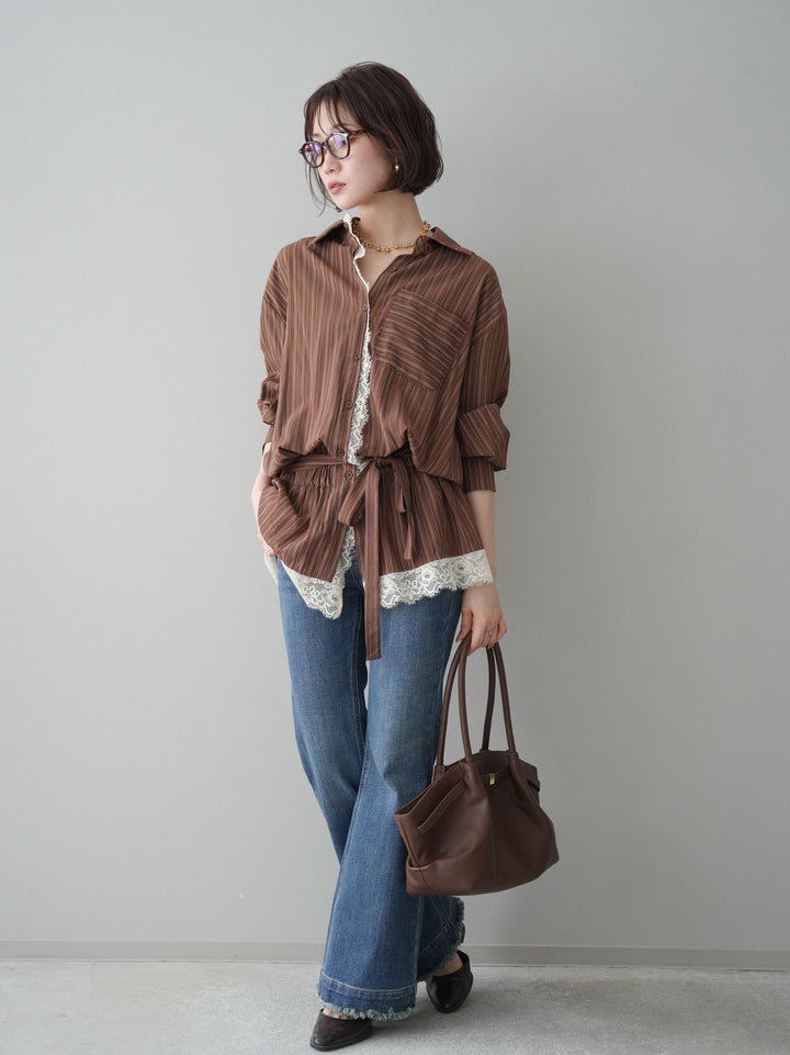 [SET]レース付ストライプウエストギャザーシャツ+フリンジデザインセミフレアデニム(2set)