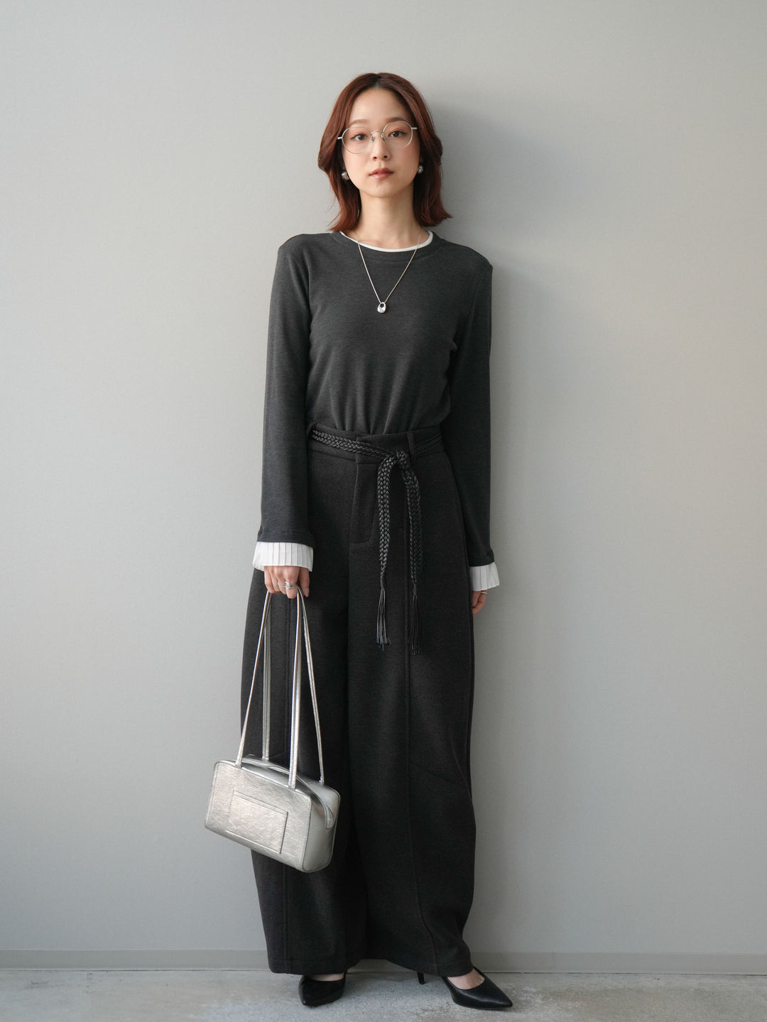 [予約]ベルト付裏起毛センターシームカーブパンツ/charcoal