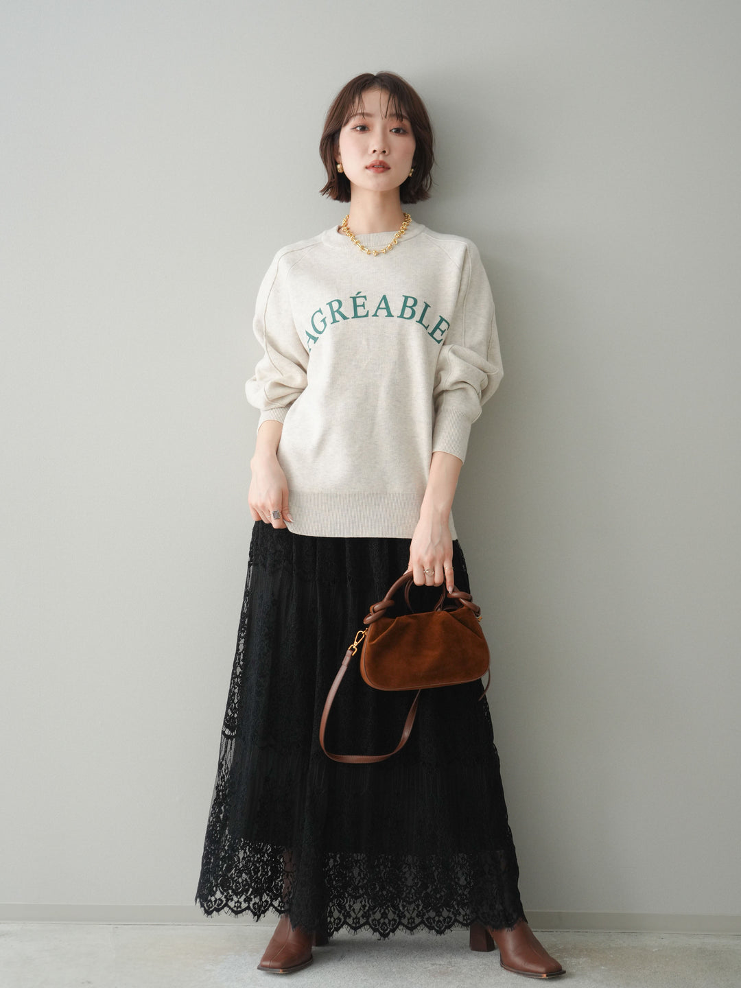 [予約]半ラバープリントロゴスウェットライクニットプルオーバー/oatmeal