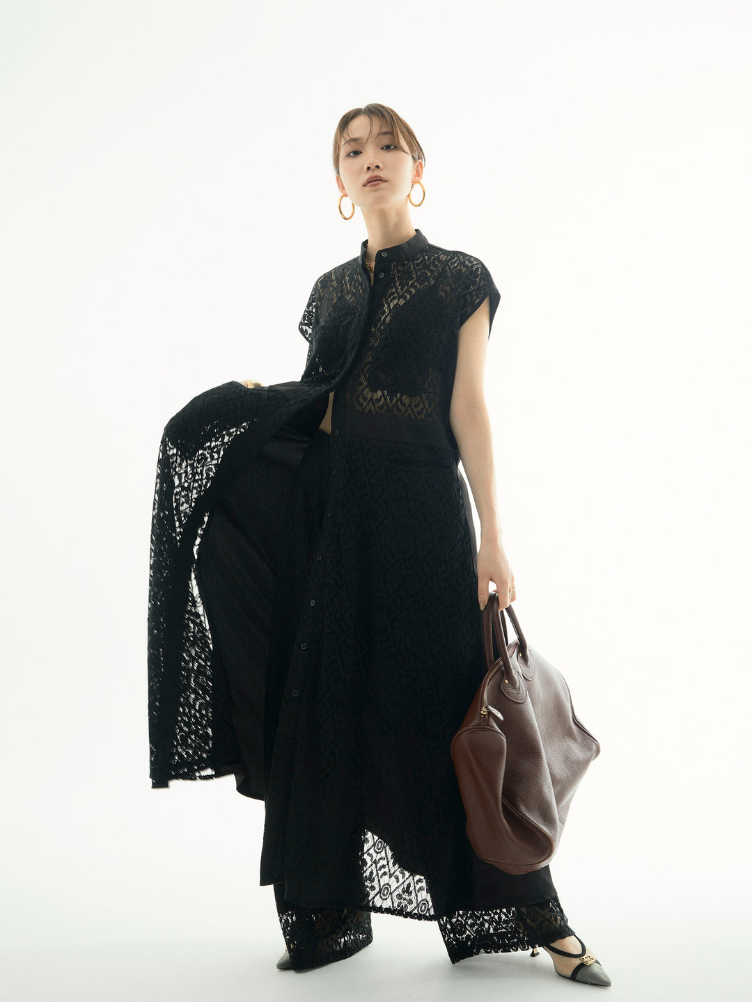 【Allure】[SET]レースサテン切替ワンピース+レースタックワイドパンツ(2set)