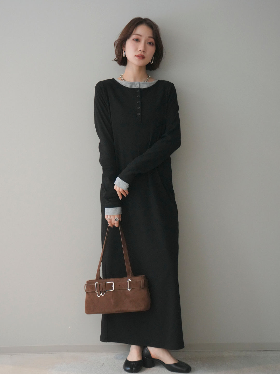 [SET]配色レイヤードヘンリーネックカットリブワンピース+配色レイヤードヘンリーネックカットリブワンピース(2set)