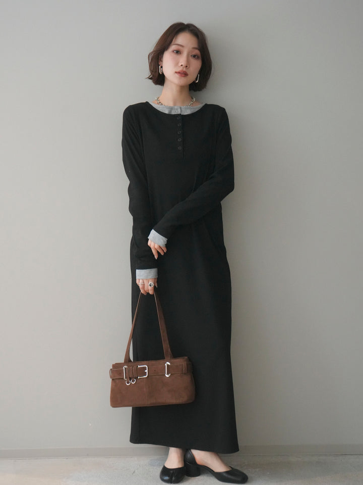 [SET]配色レイヤードヘンリーネックカットリブワンピース+配色レイヤードヘンリーネックカットリブワンピース(2set)