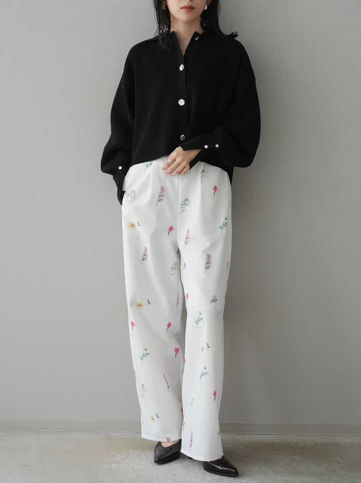 [SET]ボリュームスリーブポロニットカーディガン+フラワーアートプリントタックパンツ(2set)