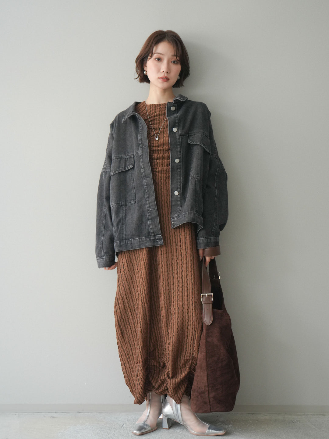 [SET]シャーリングジャガードノースリーブワンピース+ルーズシルエットデニムジャケット(2set)
