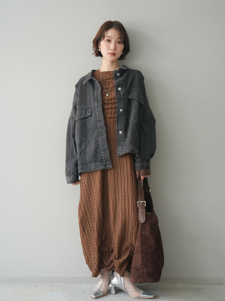 [SET]シャーリングジャガードノースリーブワンピース+ルーズシルエットデニムジャケット(2set)