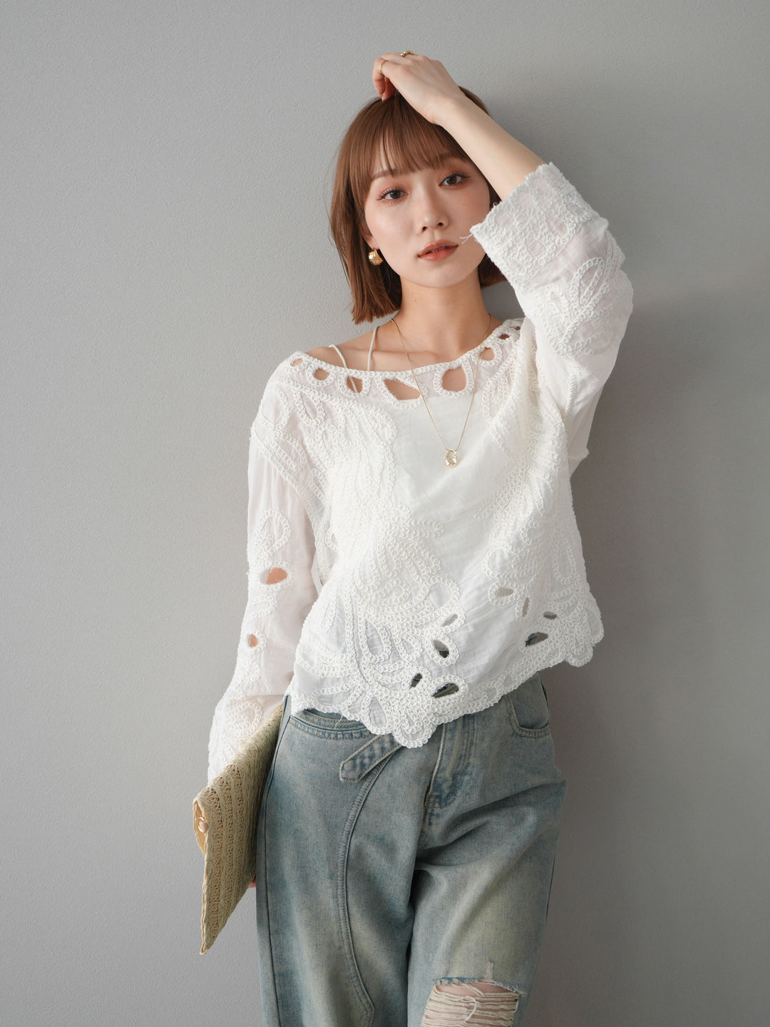 [予約]かぎ編みデザインブラウス/オフホワイト