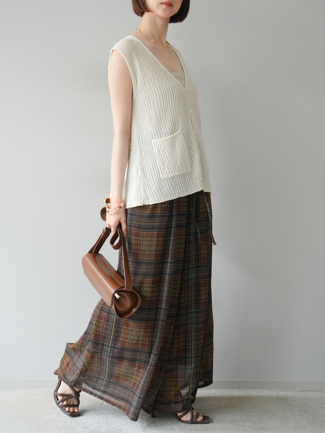 [預購] 透視格紋寬鬆褲/棕色