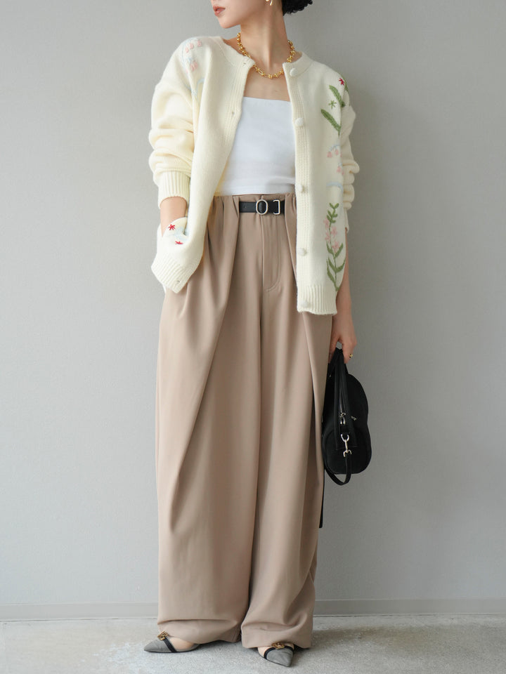 [SET]フラワー刺繍ニットカーディガン+ベルト付タックワイドパンツ(2set)