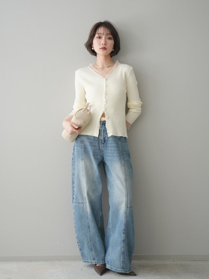 [予約]チュールドッキングパールボタンニットカーディガン/ivory